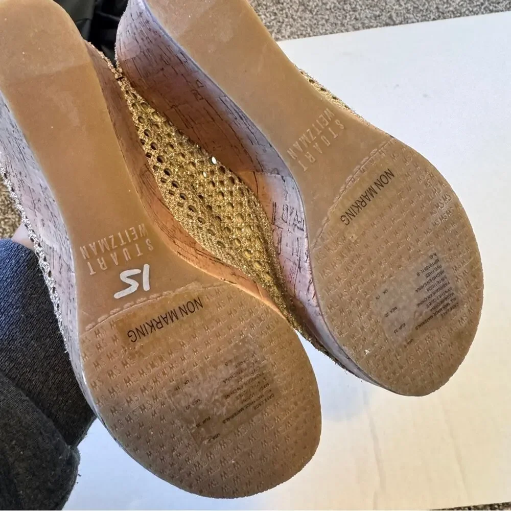 Stuart Weitzman Gold Mesh Cork Wedge Heels Girls Size 2 Kids Dressy Summer